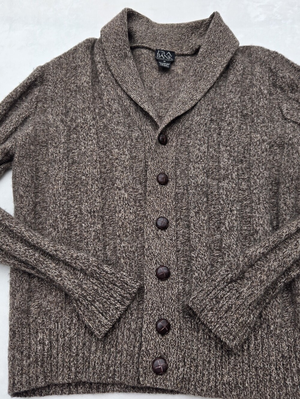 Jos A Bank 100% Lambswool Size Medium Cardigan Button Front Long Sleeve Elbow